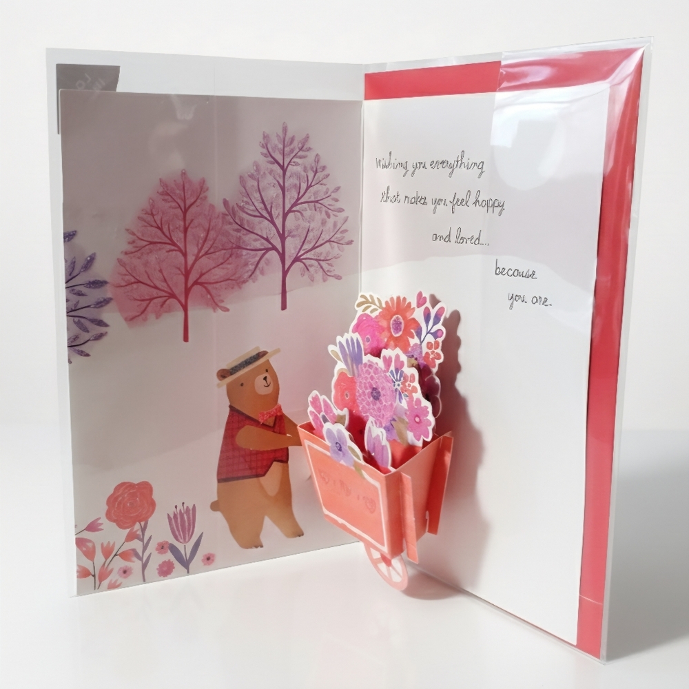 Valentine's Day 3D Greeting Card for Anyone Garden Bear Wheel Barrow Flowers